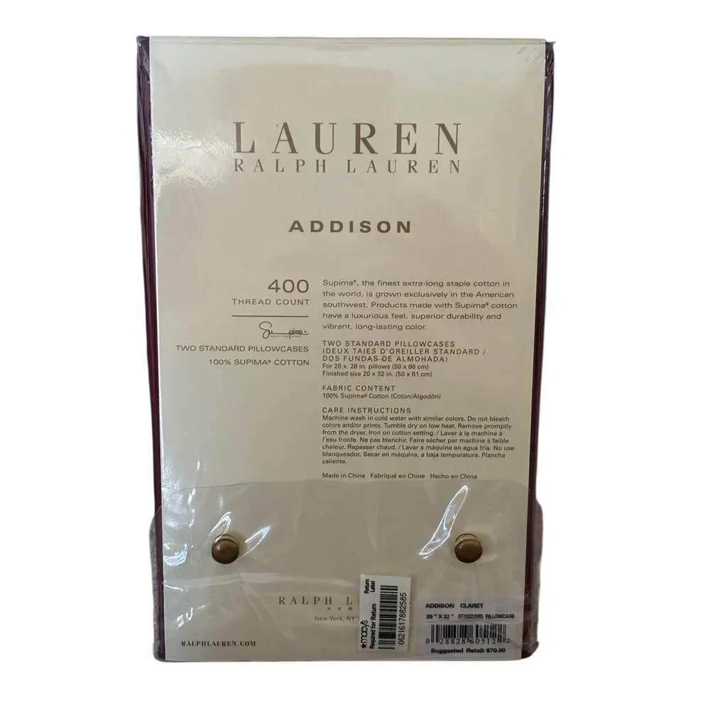 Ralph Lauren 2 Standard Pillowcases Addison Claret 400 Thread Count 29” X 32”